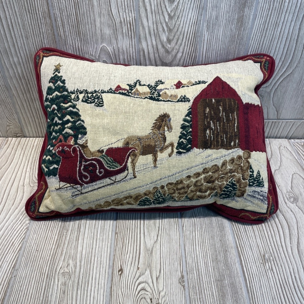 Newport Vintage Tapestry Christmas Sleigh Horse Barn Winter Throw Pillow Red 12"